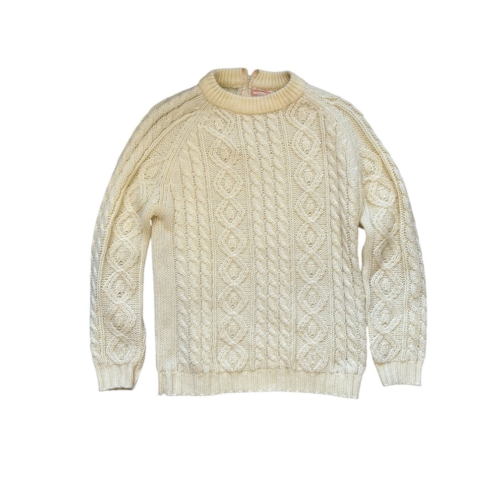 Vintage 70s Chunky Cable Knit Sweater Cream Fisherman M